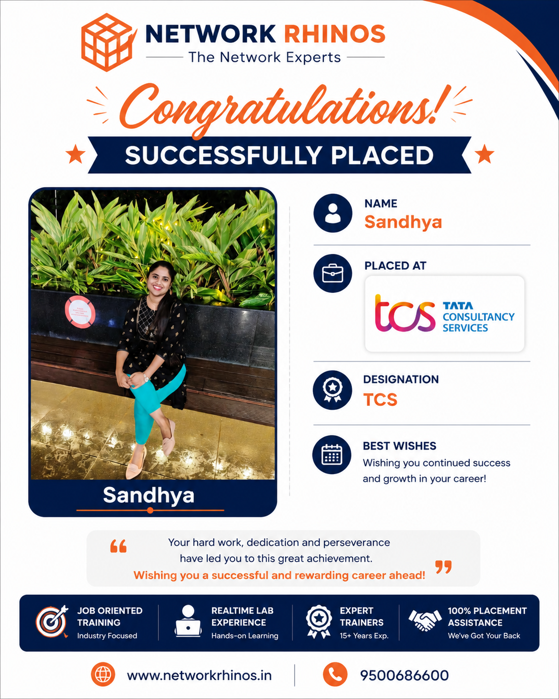 Sandhya placed at Tata Consultancy Services after Networking training at Network Rhinos