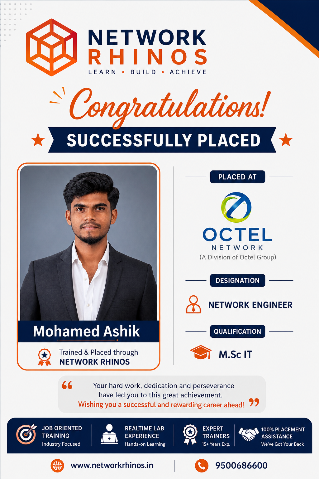 Mohamed Ashik placed at Octel Network after Network Engineer · M.Sc IT training at Network Rhinos