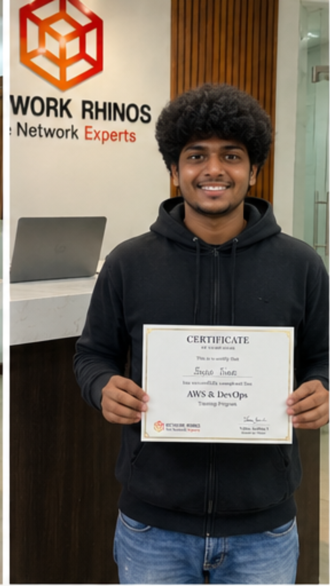 Network Rhinos student with AWS & DevOps course completion certificate