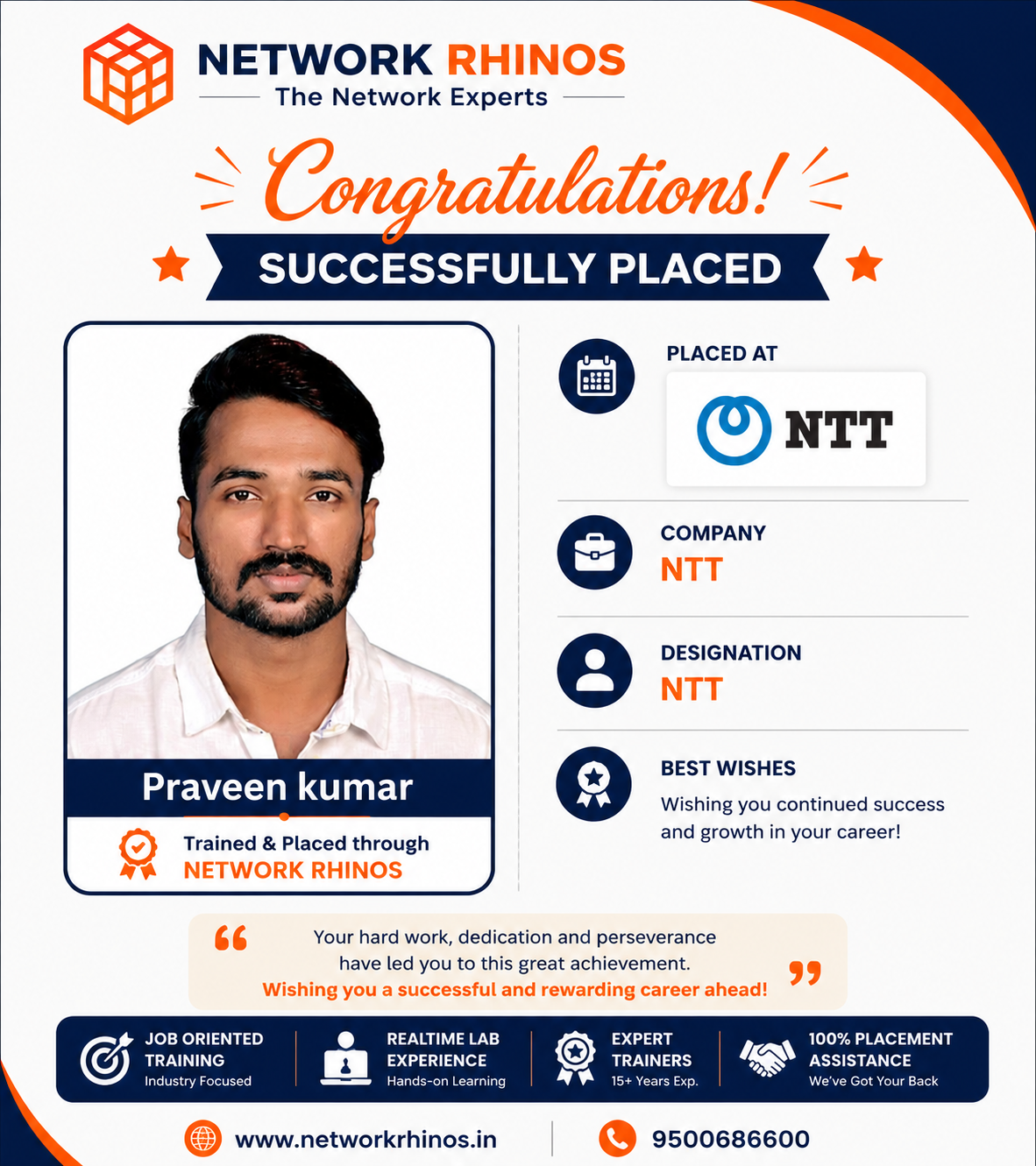 Praveen Kumar placed at NTT after Network Engineer training at Network Rhinos