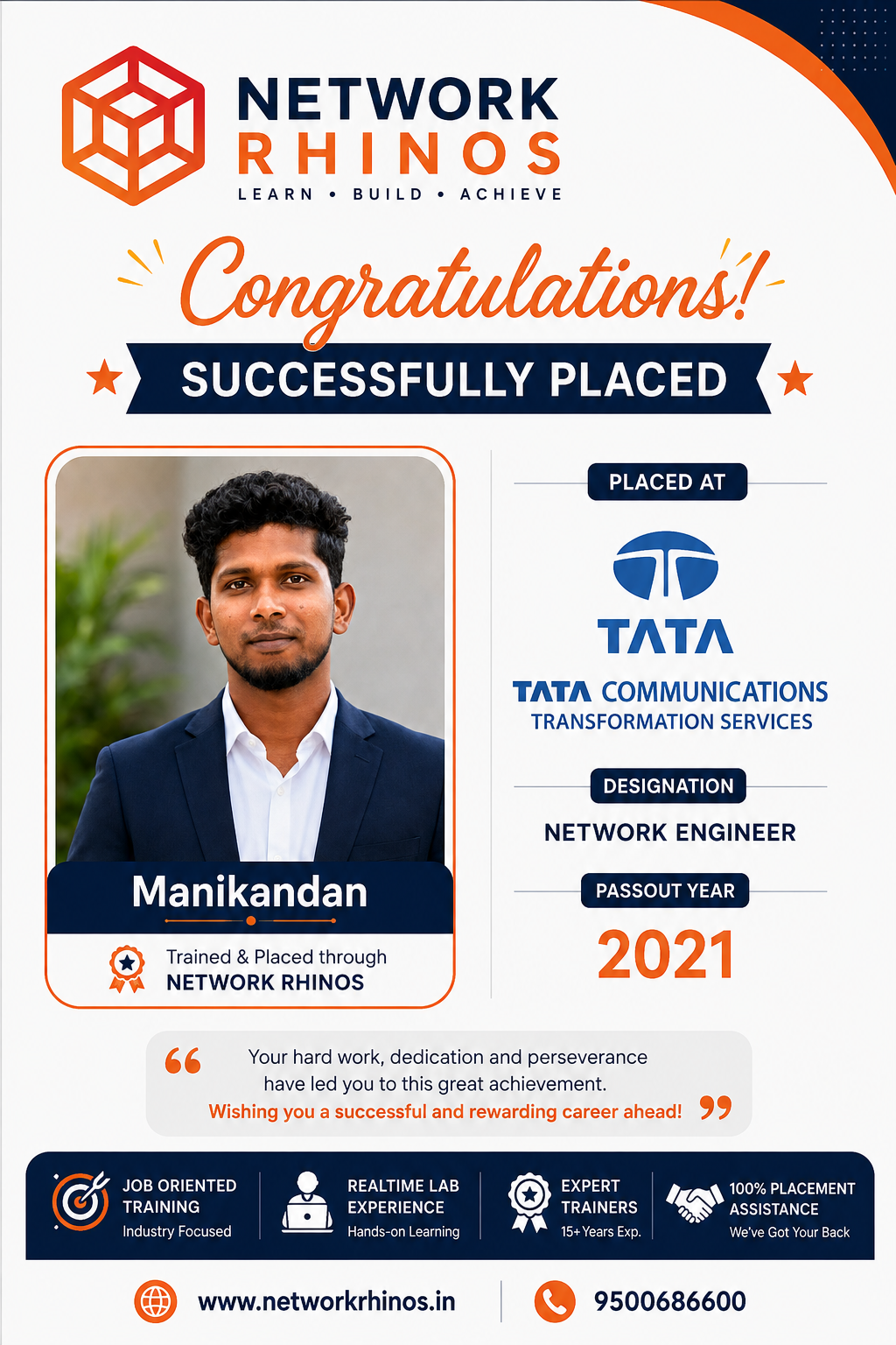 Manikandan placed at Tata Communications Transformation Services after Network Engineer training at Network Rhinos