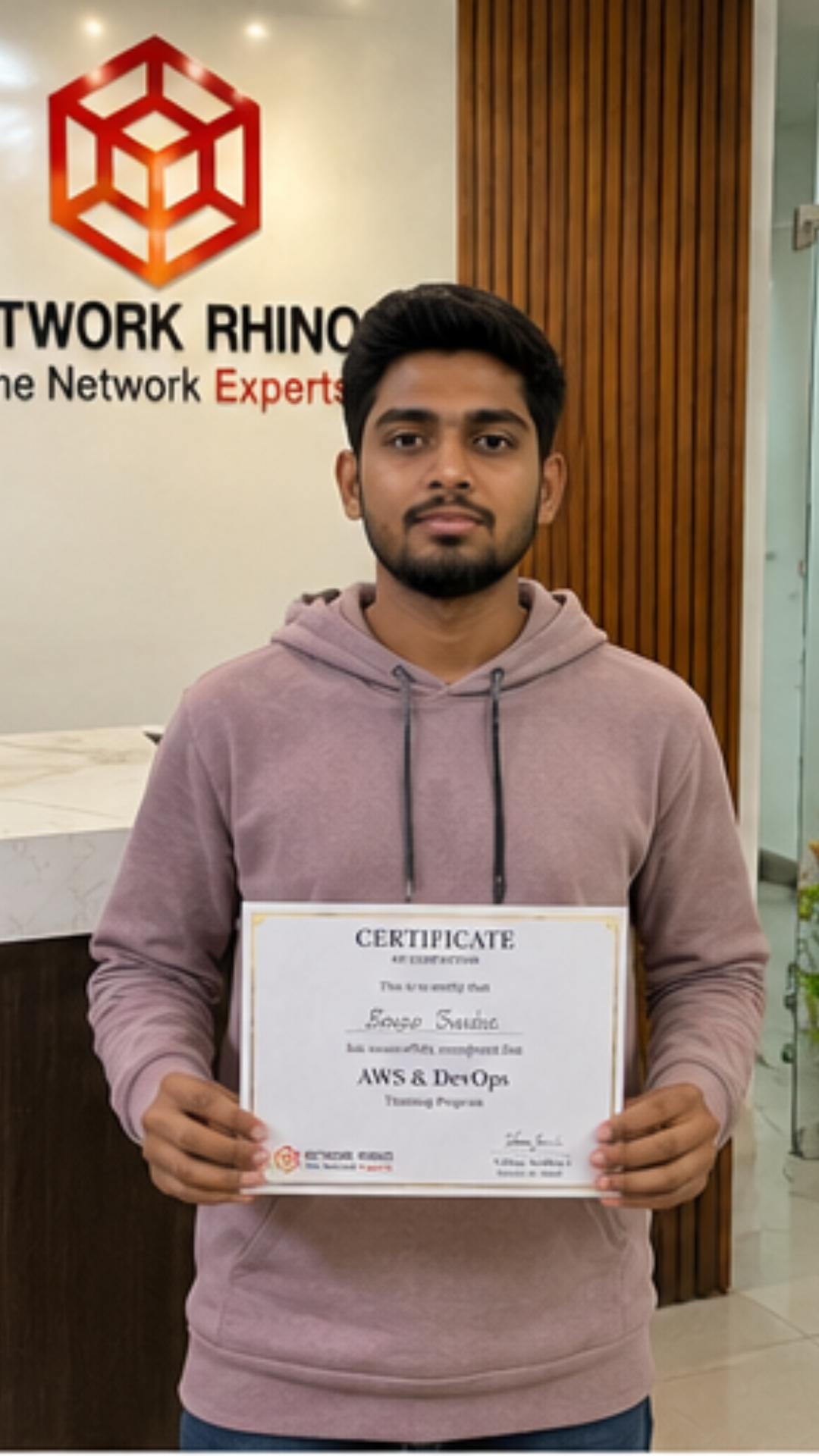 Network Rhinos student with AWS & DevOps course completion certificate