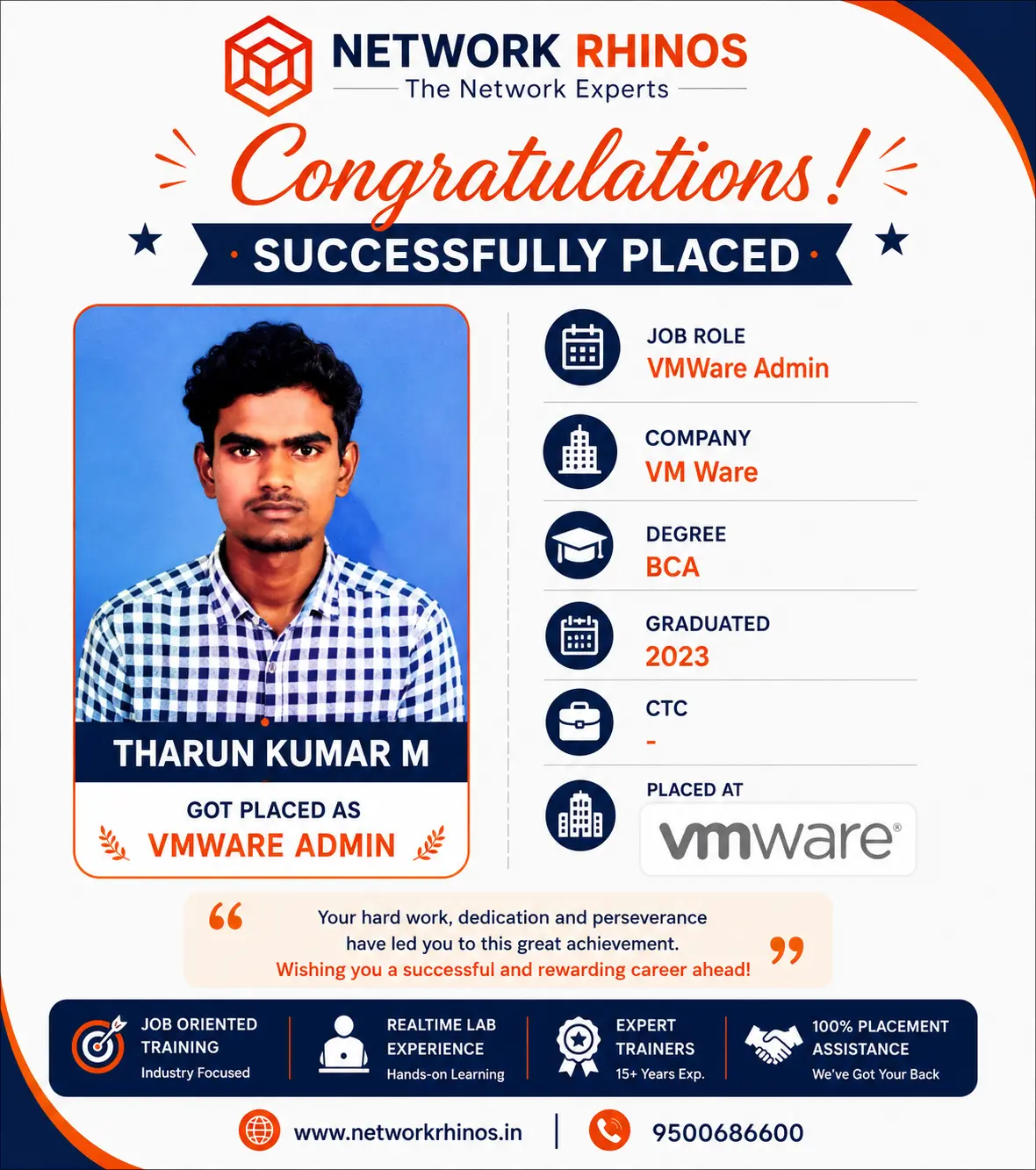 Tharun Kumar M placed at VMware after VMware Admin · BCA training at Network Rhinos